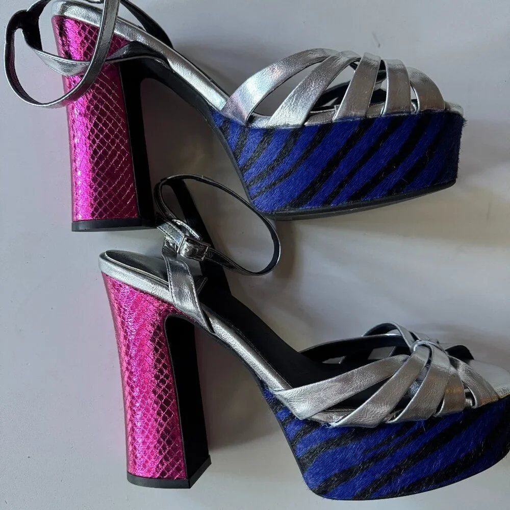 Jeffrey Campbell Rockin' Out Ankle Strap Platform Sandal Blue Zebra Calf Hair